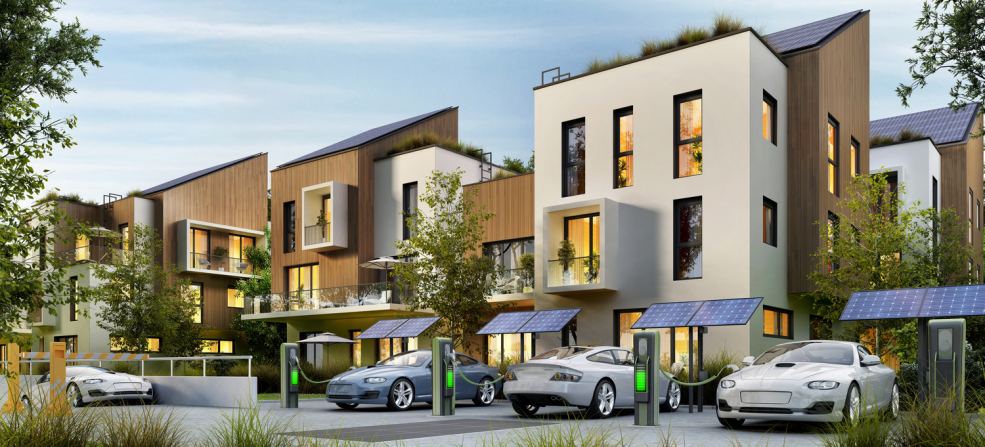 Modern Apartment Complex with EV Cars Charging Outside